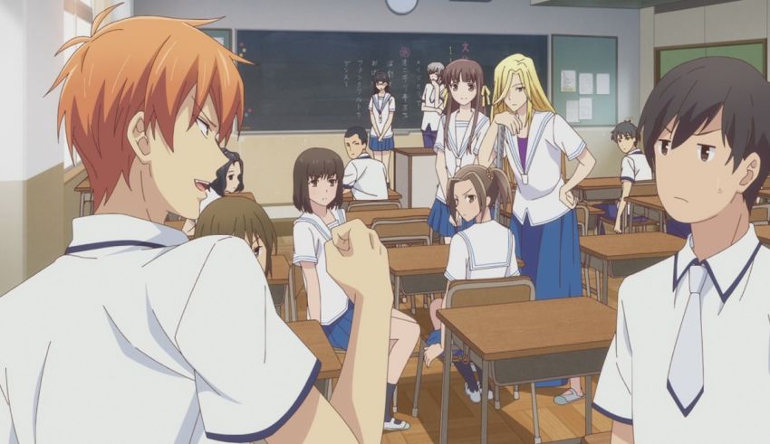 A group of anime students in a classroom.