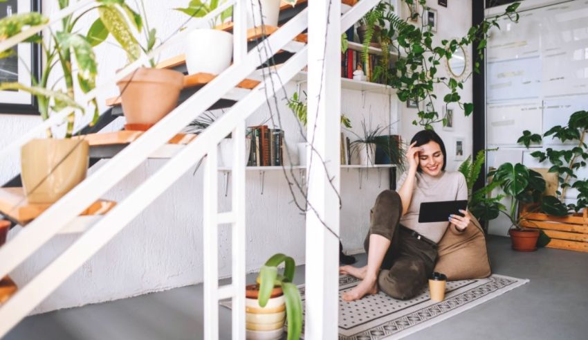 A woman sitting on the floor of a home with plants and a laptop.