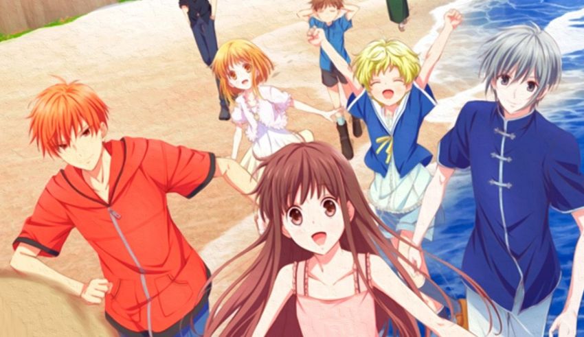 A group of anime characters standing on the beach.