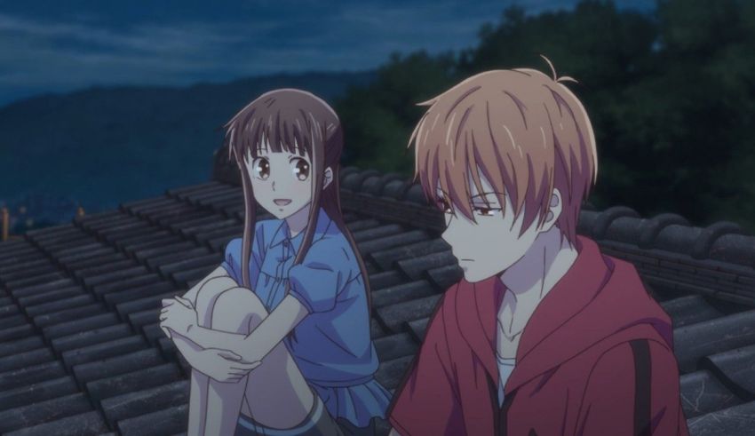 Two anime characters sitting on a roof.