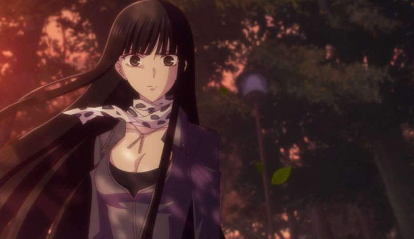 An anime girl with long black hair standing in a park.