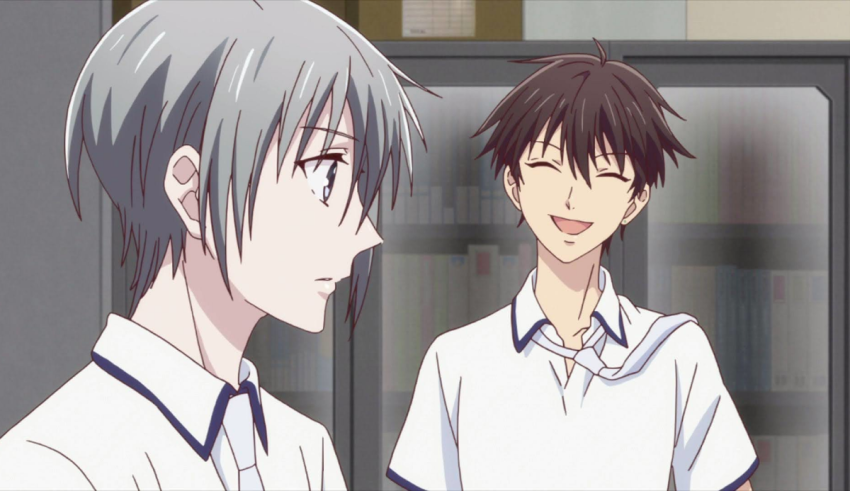 Two anime boys in white shirts standing next to each other.