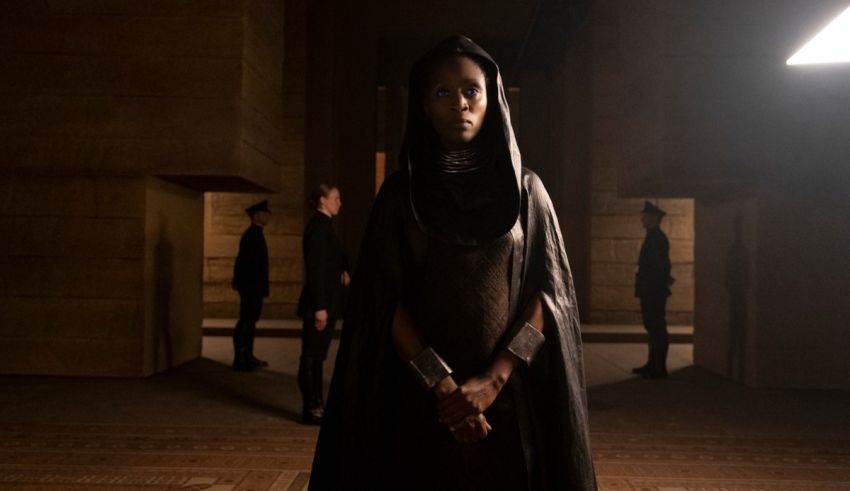 A woman in a black cloak standing in a dark room.