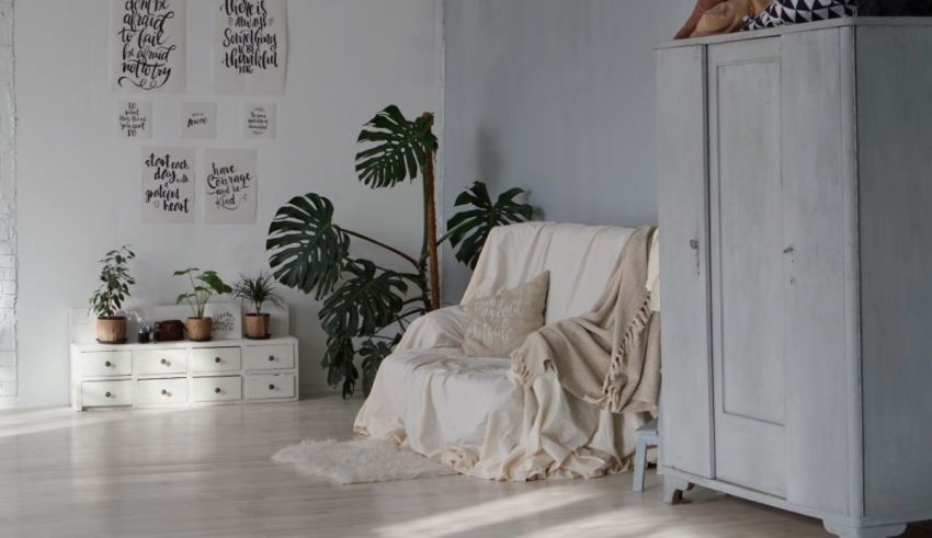 A white couch in a room with white walls and plants.