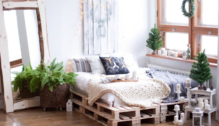 A bedroom with a bed made out of pallets.