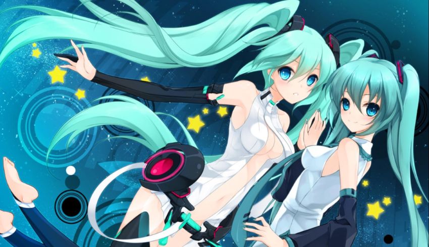 Two anime girls posing in front of a blue background.