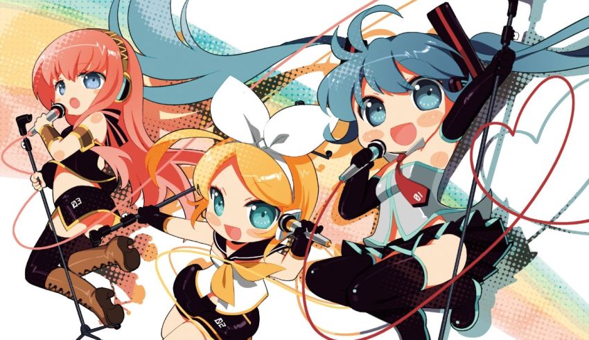 A group of anime girls with microphones in their hands.
