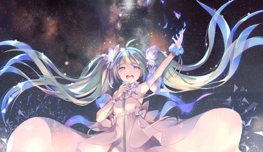 A girl in a white dress singing into a microphone.