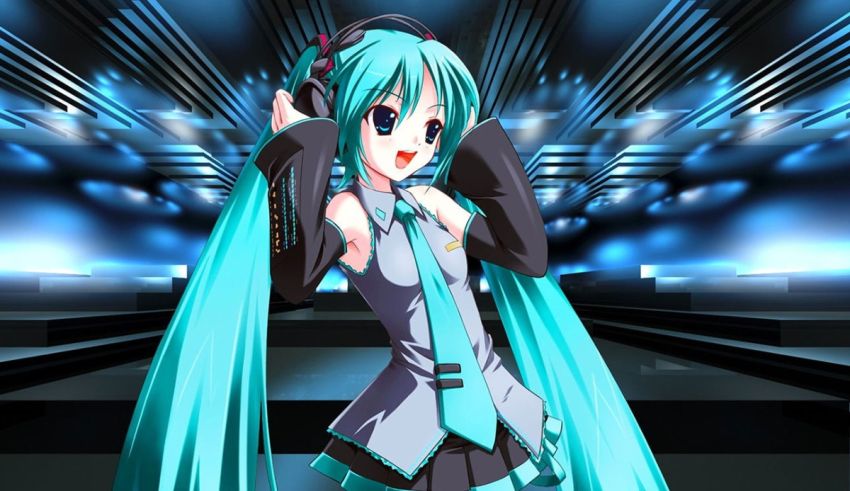 A girl with blue hair is standing in front of a blue light.