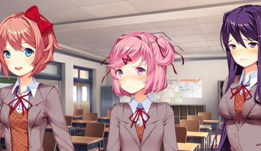 Three anime girls in school uniforms standing next to each other.