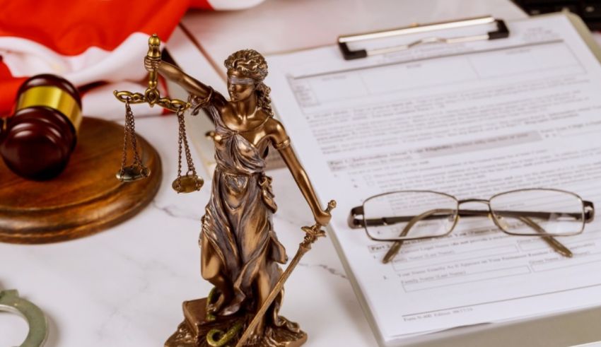A statue of a judge, glasses and papers on a desk.