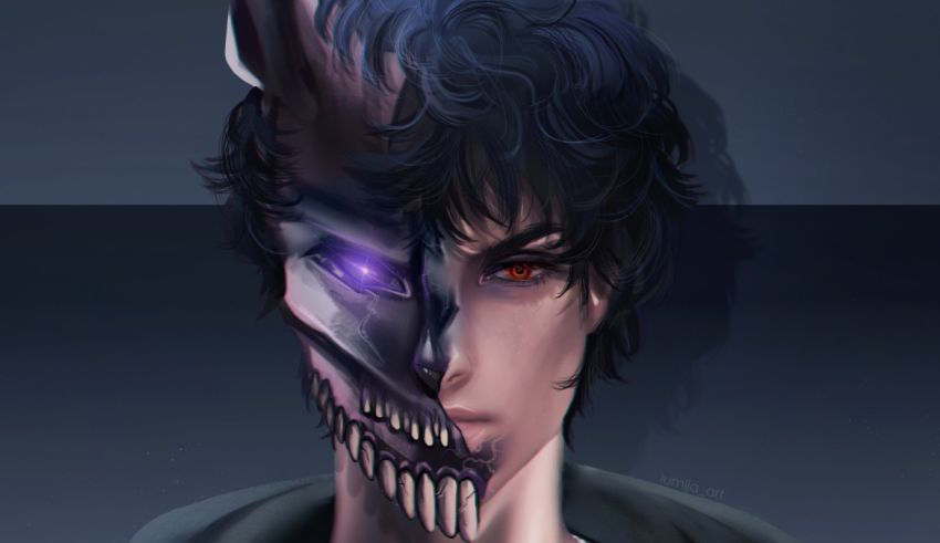 A man with a demon head on his face.