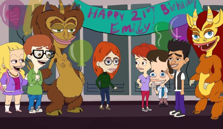 A group of cartoon characters standing in front of a birthday banner.