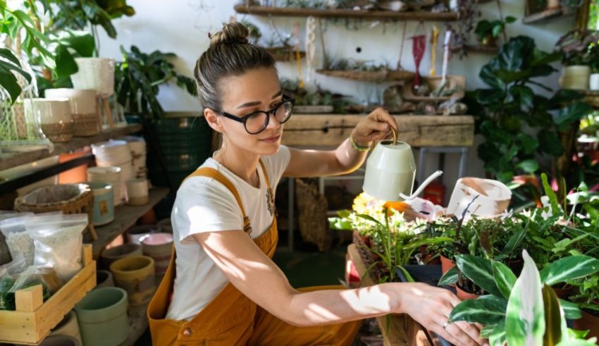 A woman is watering a plant in a pot.