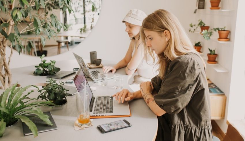 Two women working on laptops in an office.
