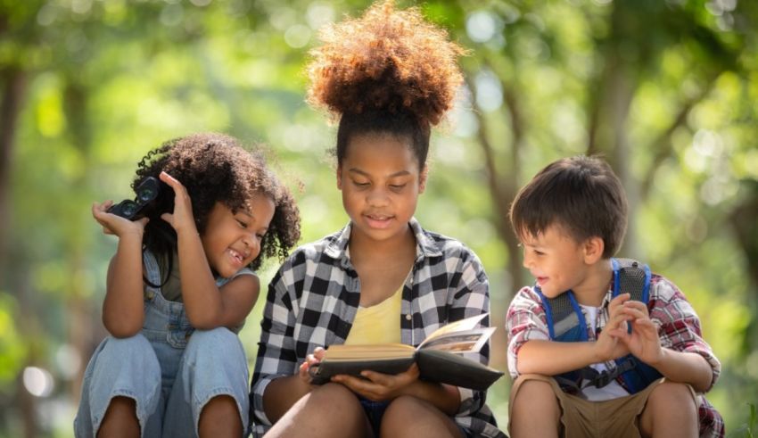 A group of children reading a book.