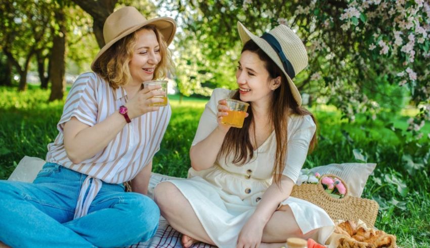 Two women sitting on a blanket in a park drinking tea.