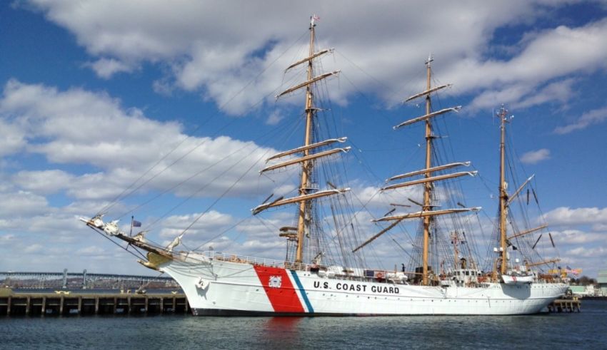 A large coast guard ship docked at a dock.