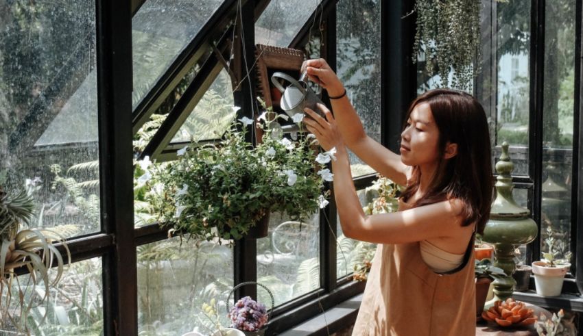 A woman is hanging a plant from a window in a greenhouse.
