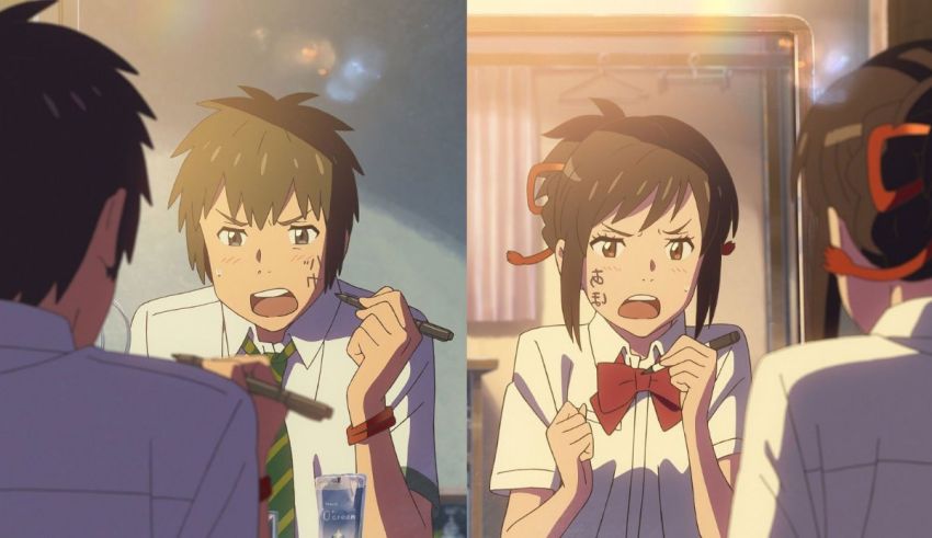 Two anime characters are looking at each other.
