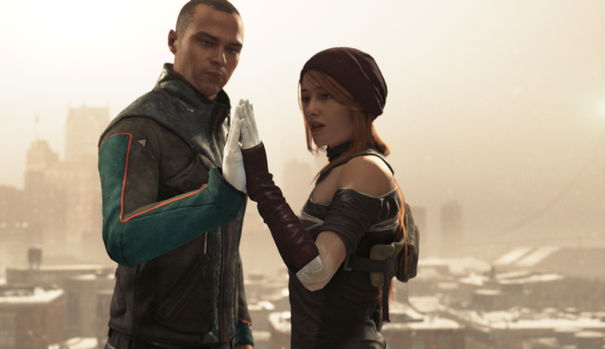A man and woman standing in front of a city.