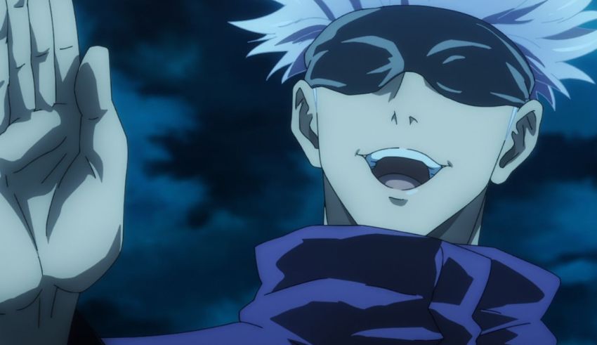 An anime character with blue hair waving his hands in the air.