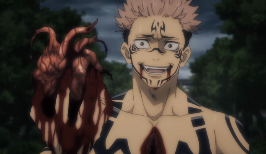 An anime character holding a skeleton in his hands.
