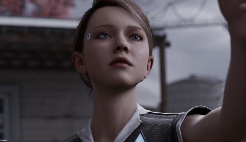 A girl in a video game is pointing at something.