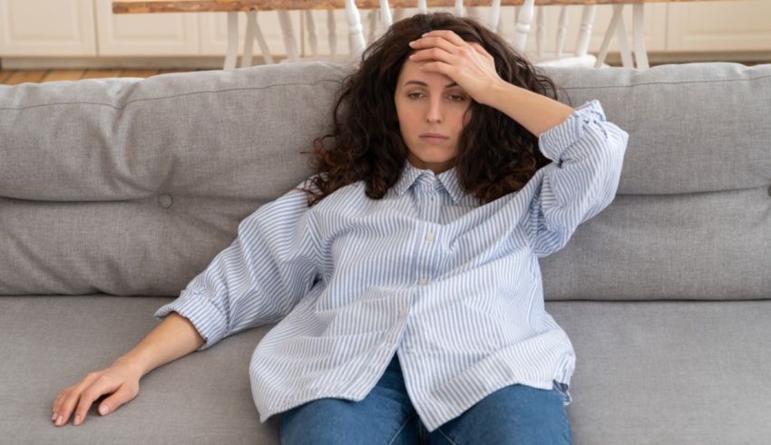 A woman sitting on a couch with her hand on her head.