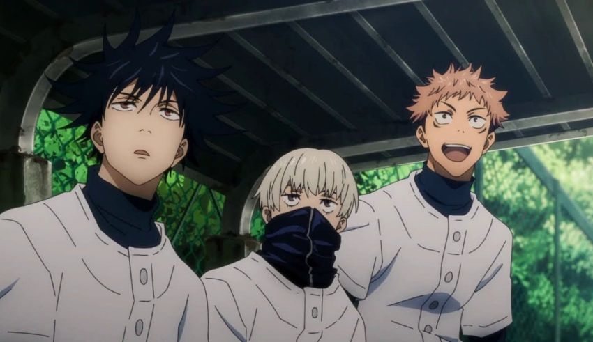A group of anime characters are standing in a wooded area.