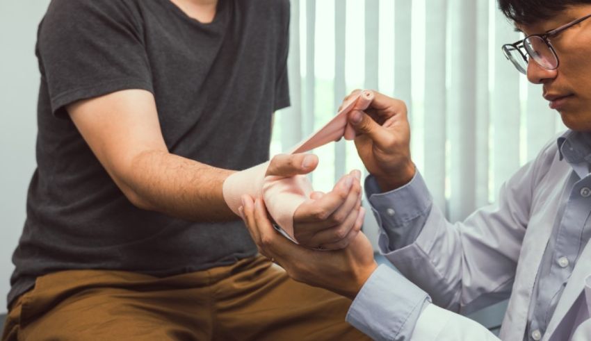 A doctor is putting a bandage on a patient's wrist.