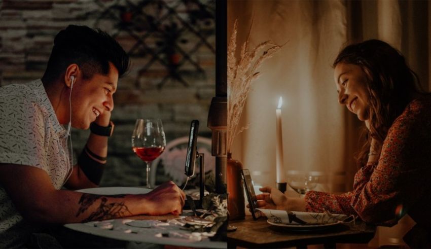 Two pictures of a man and woman sitting at a table.