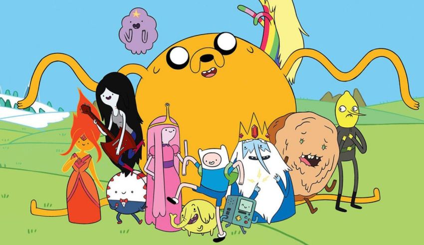Adventure time characters standing in a field.