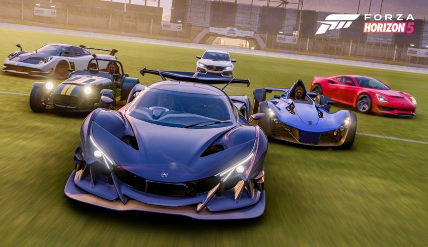 A group of cars on a field in a video game.