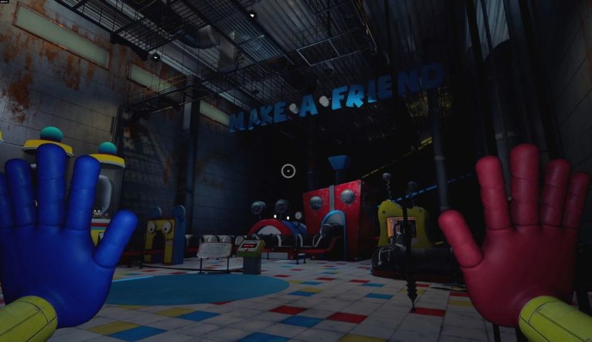 A group of people in a room with blue and red gloves.