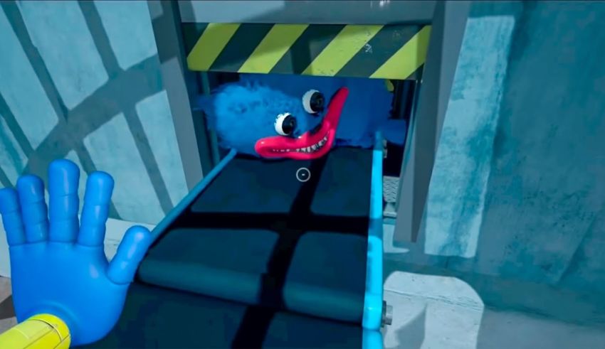 A blue monster with a hand reaching out of a door.