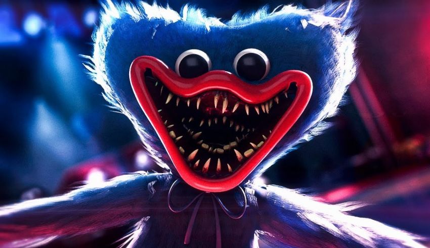 A blue stuffed animal with a big mouth.