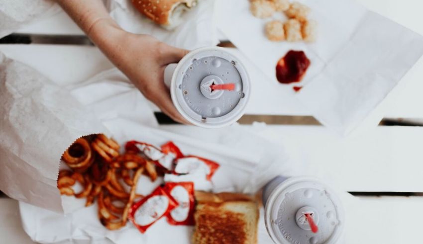 A person is holding a burger with fries and ketchup.