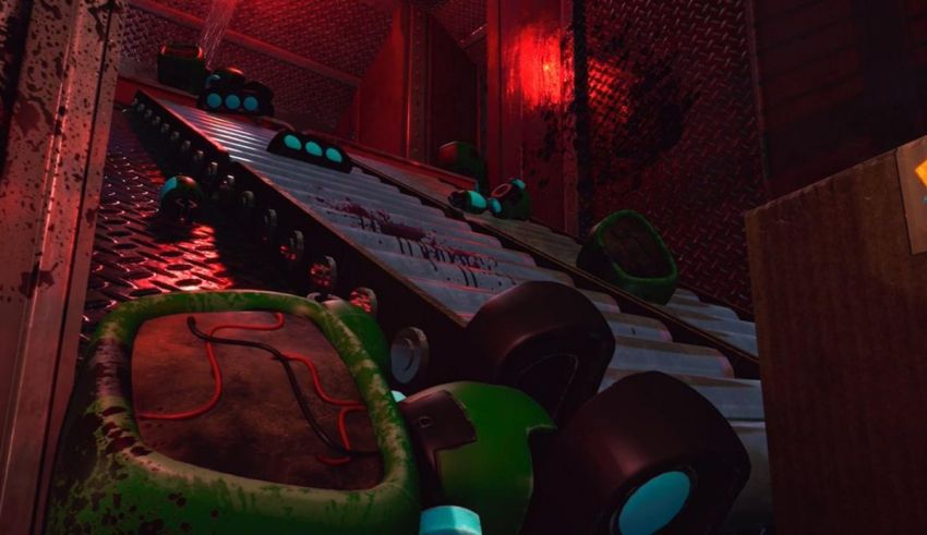 A screenshot of a video game showing an escalator in a dark room.
