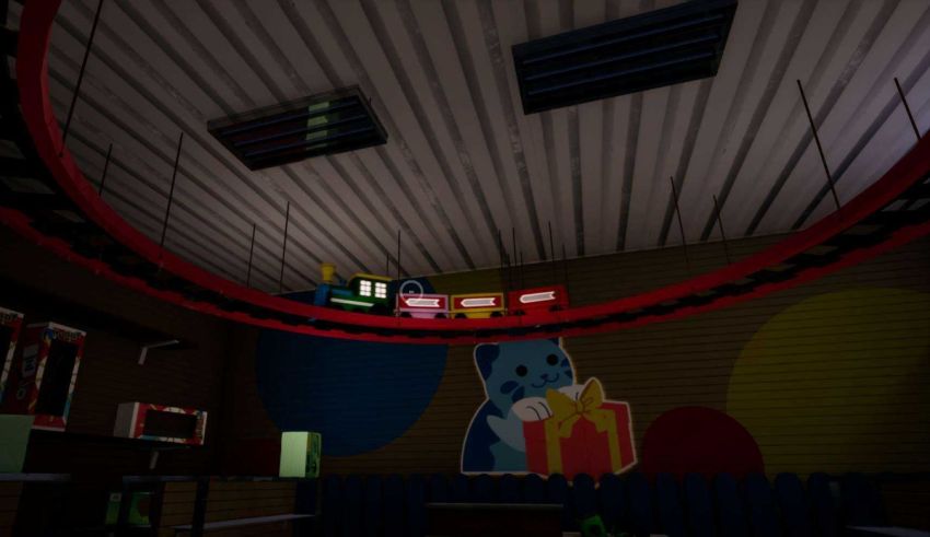A picture of a room with a train in it.