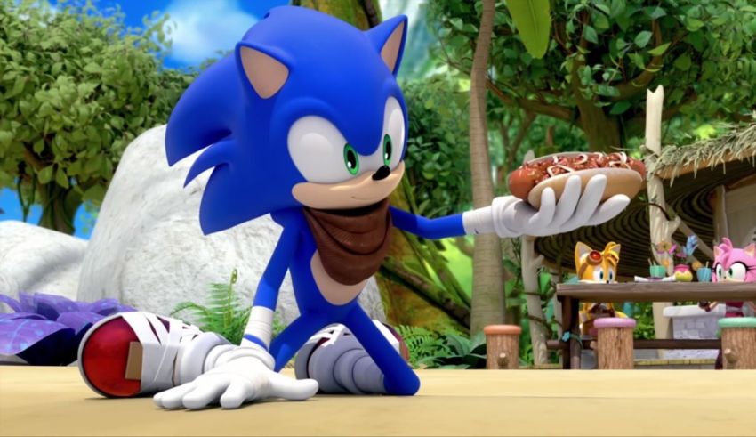 Sonic the hedgehog is eating a donut.