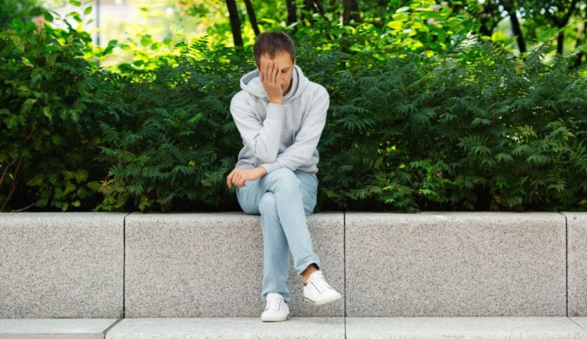A man sitting on a concrete wall with his hands on his face.