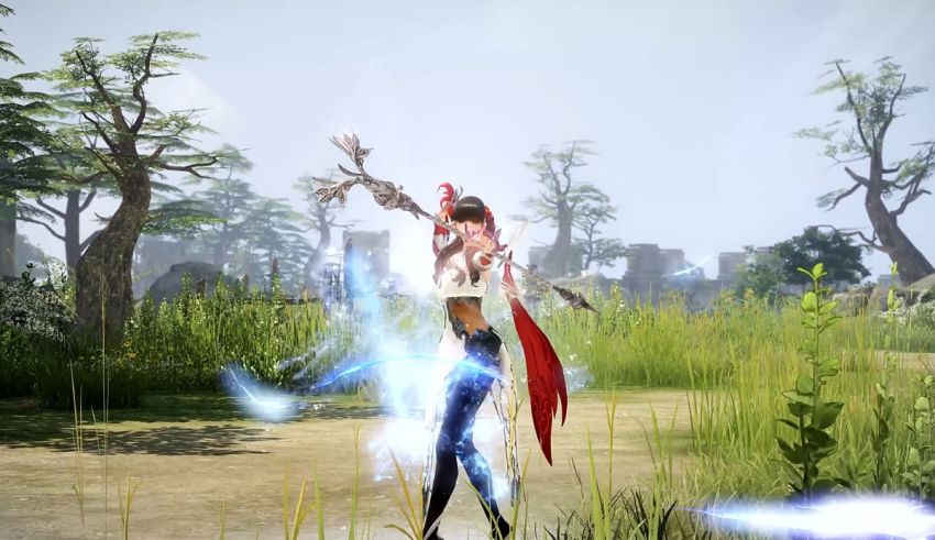A female character is standing in a field with a sword.