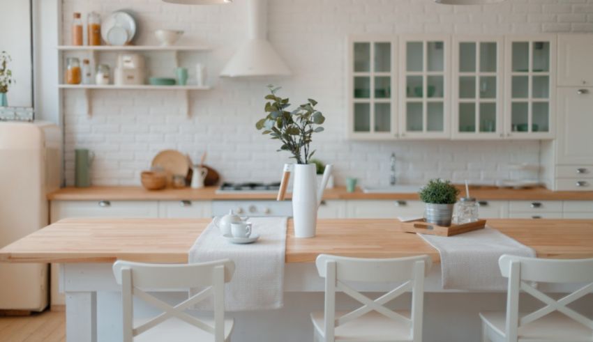 A white kitchen with a wooden table and chairs.