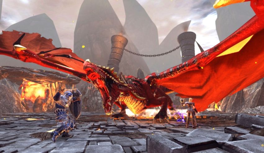 A screenshot of a video game with a dragon in the background.