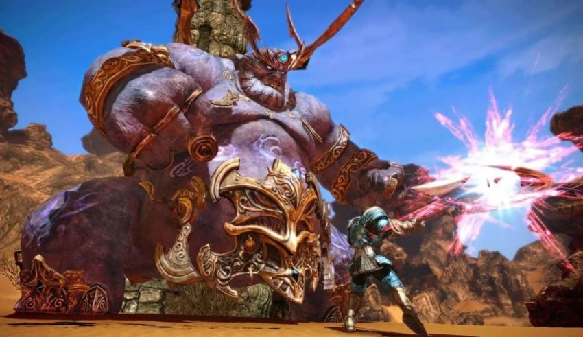 A screenshot of a video game with a giant monster in the background.