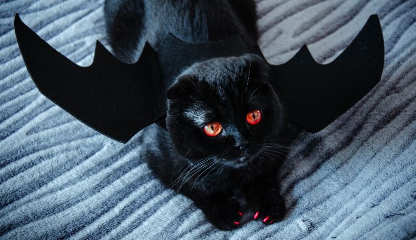 A black cat wearing a bat costume.