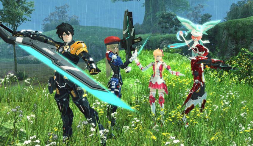 A group of characters standing in a field with swords.