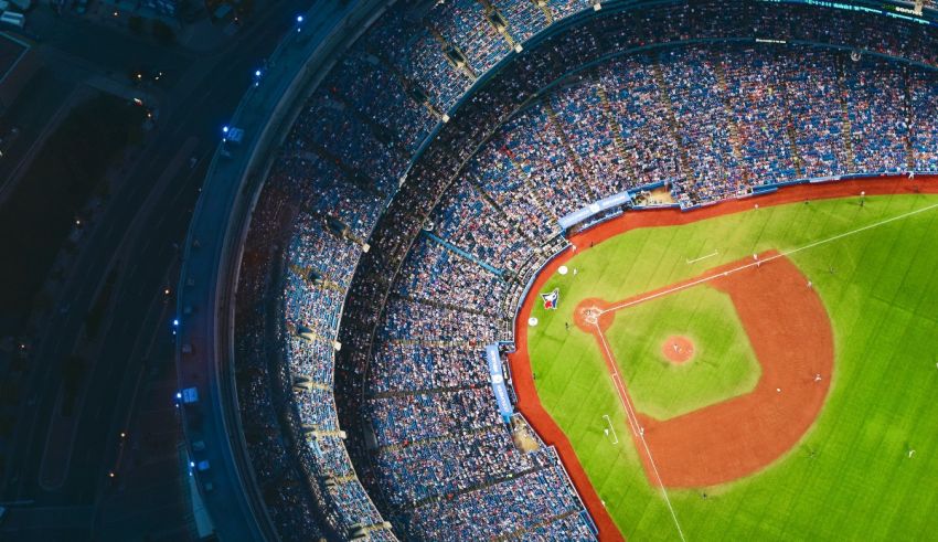 An aerial view of a baseball stadium.