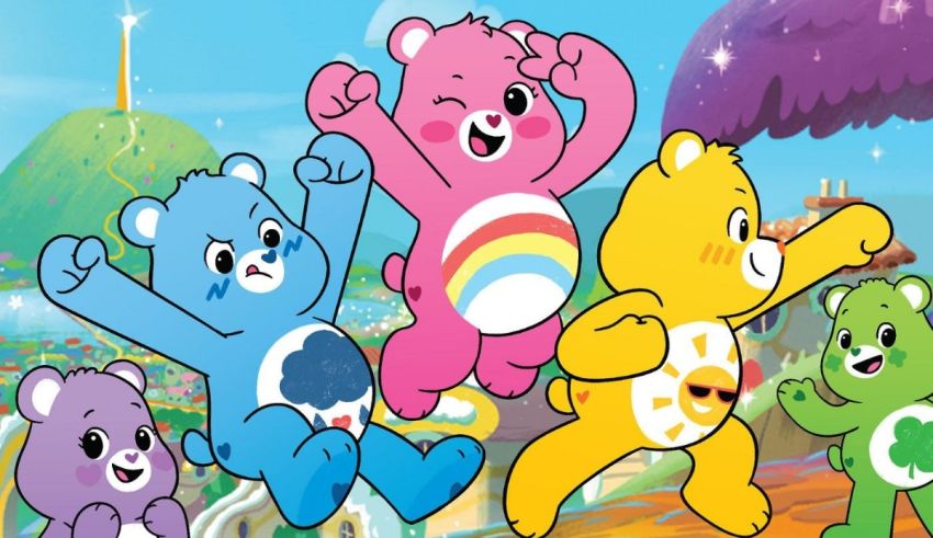 A group of care bears are jumping in the air.